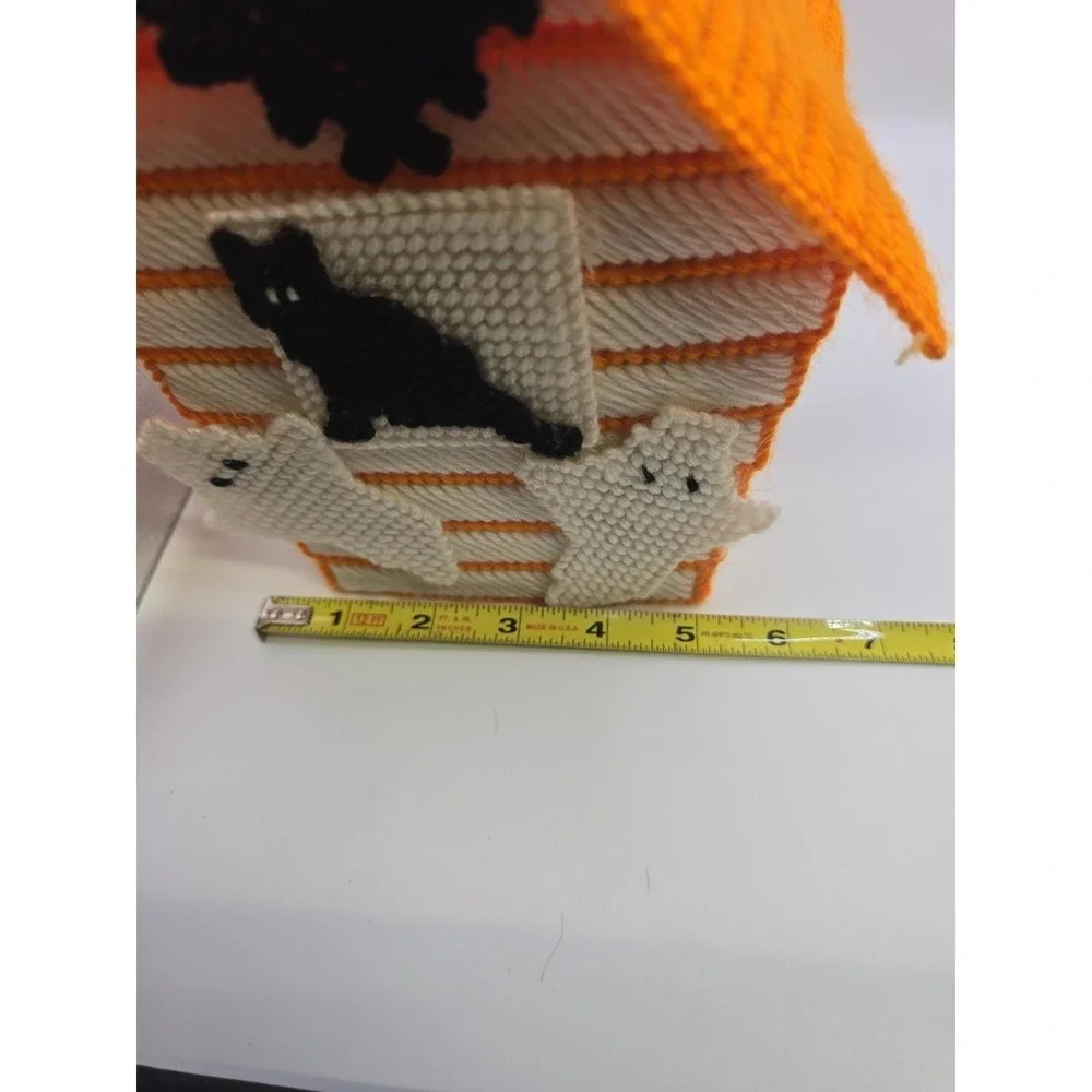 Handmade Needlepoint Plastic Canvas Tissue Box Cover  Halloween Cats/Ghosts Bats